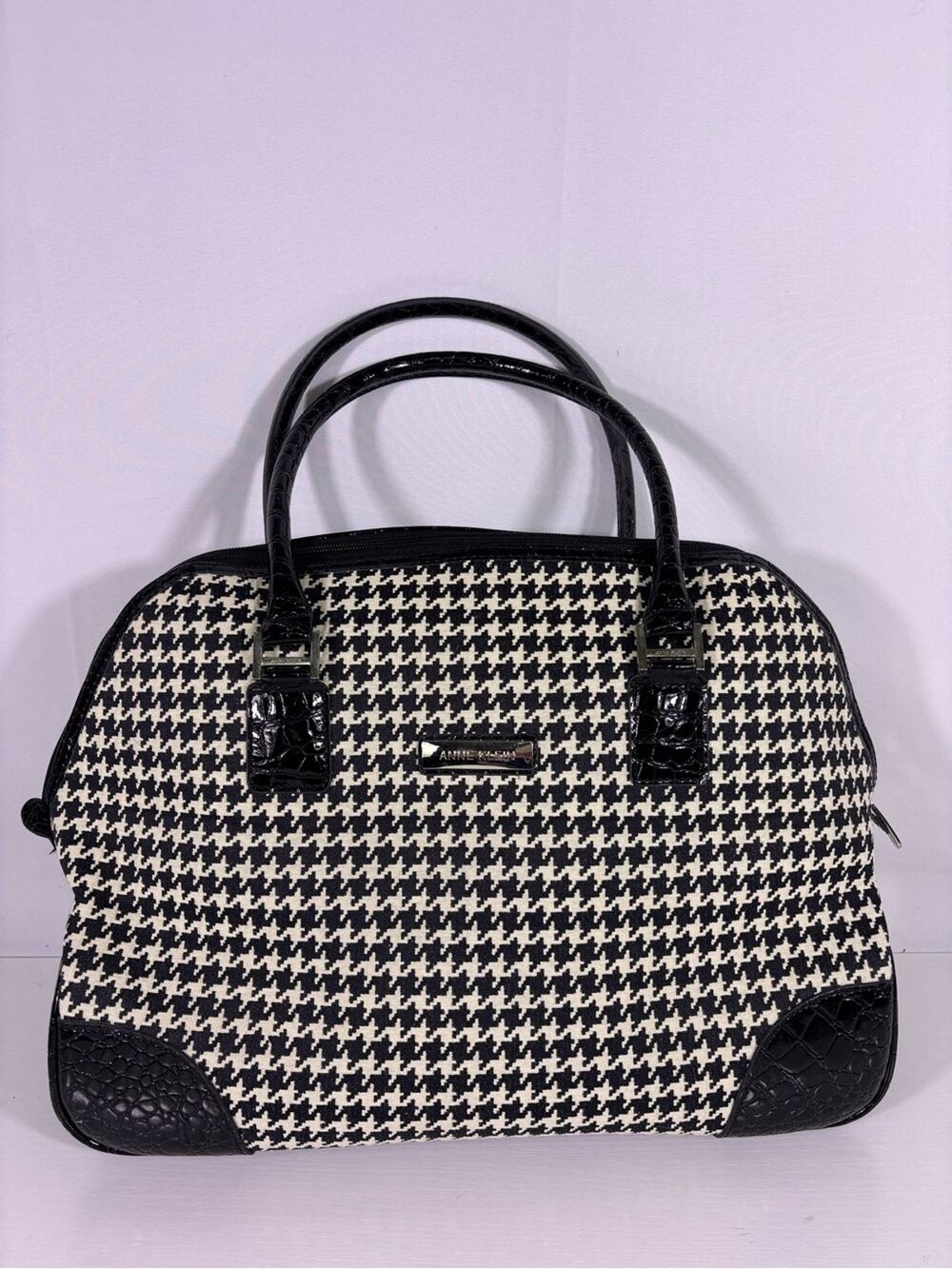 Anne Klein Houndstooth Weekender Satchel Travel Bag Black White C1